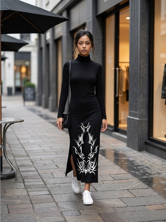 Dresses & Skirts - Sleeveless Black Maxi Dress with White Graphic Hem